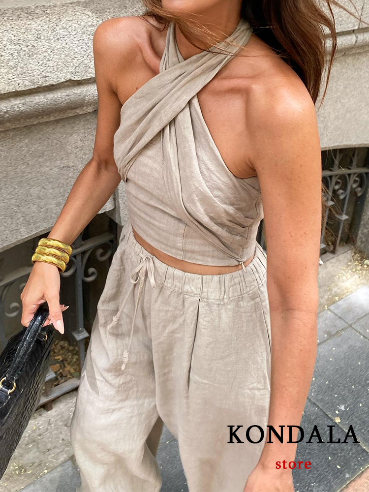 KONDALA Streetwear kaki costumes femmes sans manches licou Sexy haut court femmes + taille haute pantalon à jambes larges mode 2025 ensembles