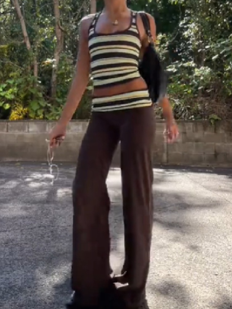 Ensemble deux pièces pour femme, débardeur court côtelé rayé marron, pantalon évasé taille basse, style Y2K, sans manches, pantalon large assorti