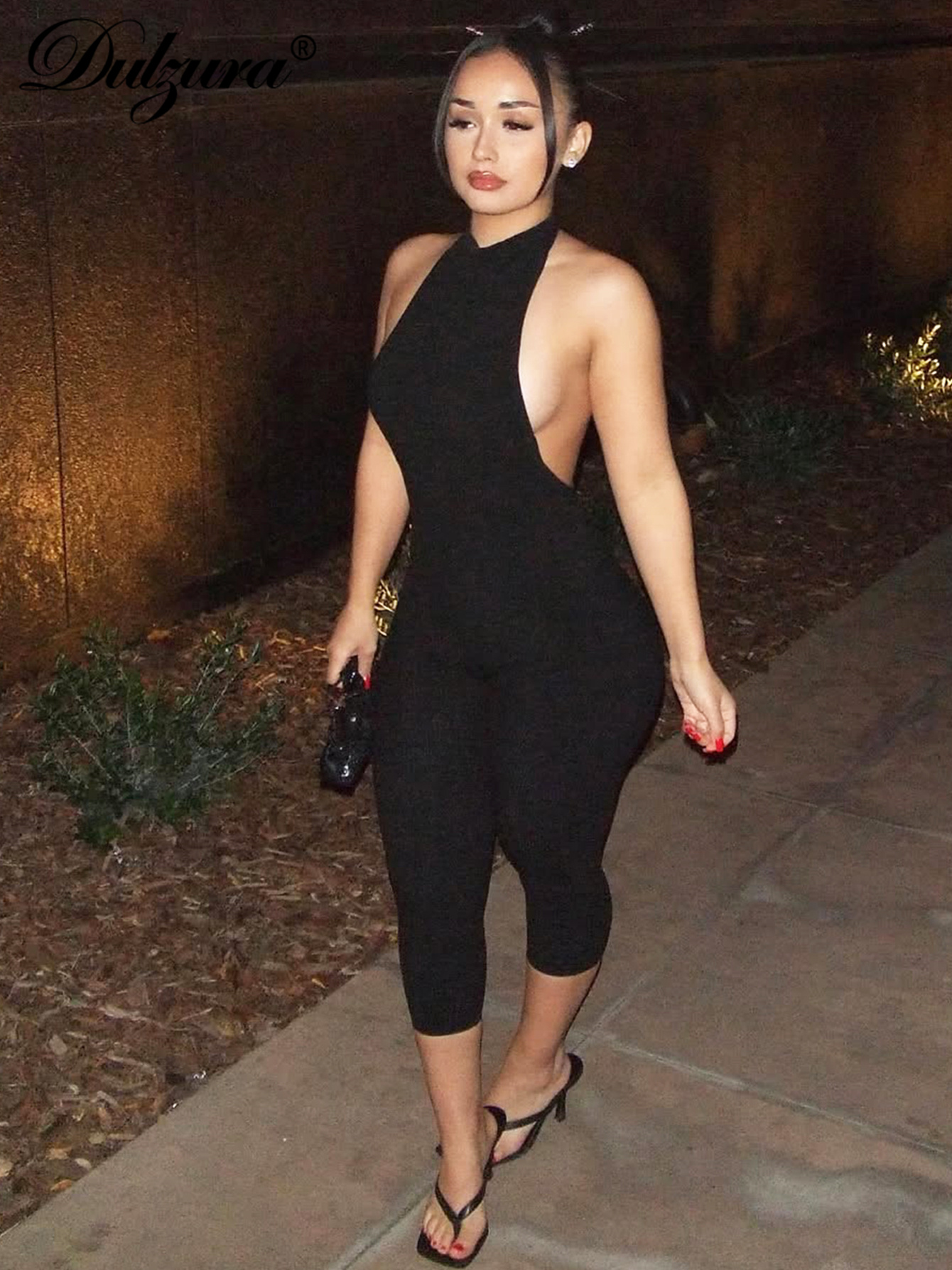 Dulzura femmes licou sans manches dos nu côtelé simple boutonnage combinaison solide Sexy barboteuse décontractée fête Club vêtements de rue
