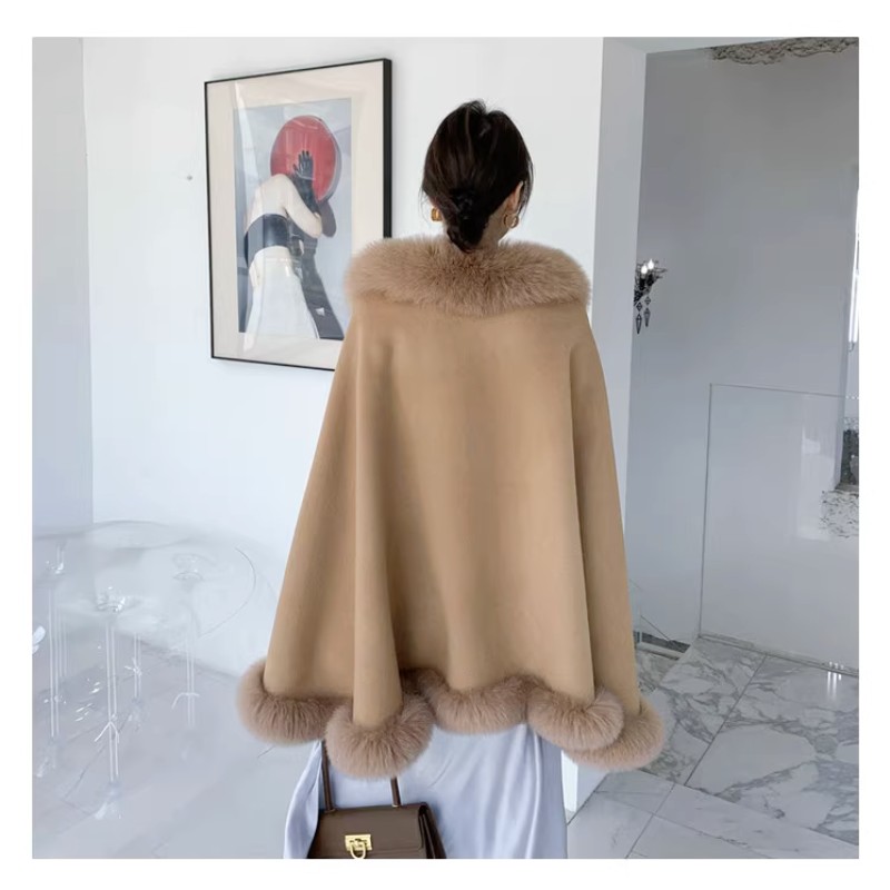MS.MinShu-Poncho double face en laine pour femme, avec bordure en vraie fourrure de renard, pour dame d'hiver