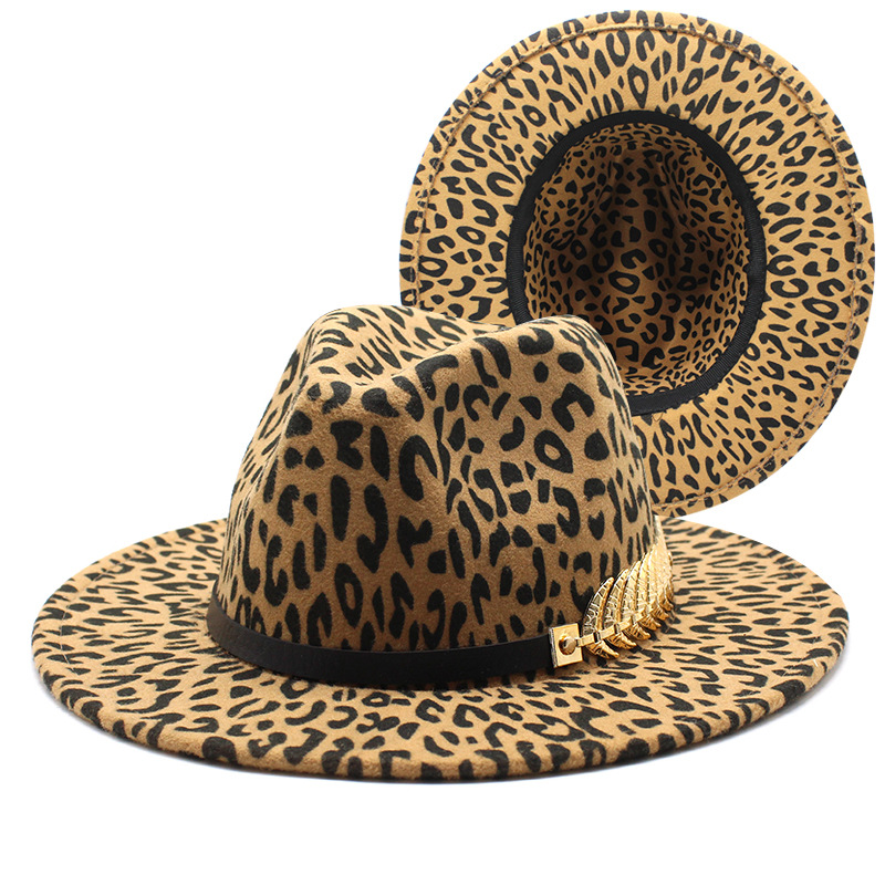 Chapeau Fedora léopard pour femmes, chapeau de route ouvert, à la mode, à large bord, en feutre, Panama, boucle de ceinture classique