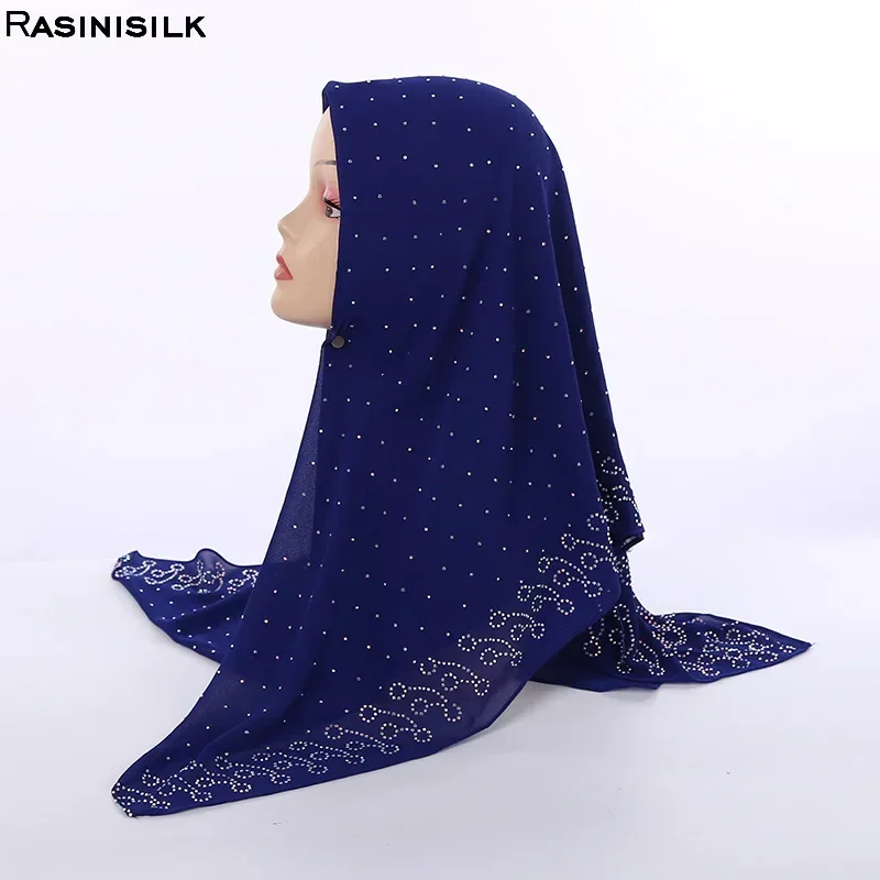 Foulard carré en mousseline de soie perlée 105x105cm, turban musulman orné de cristaux, foulard islamique avec épingle offerte