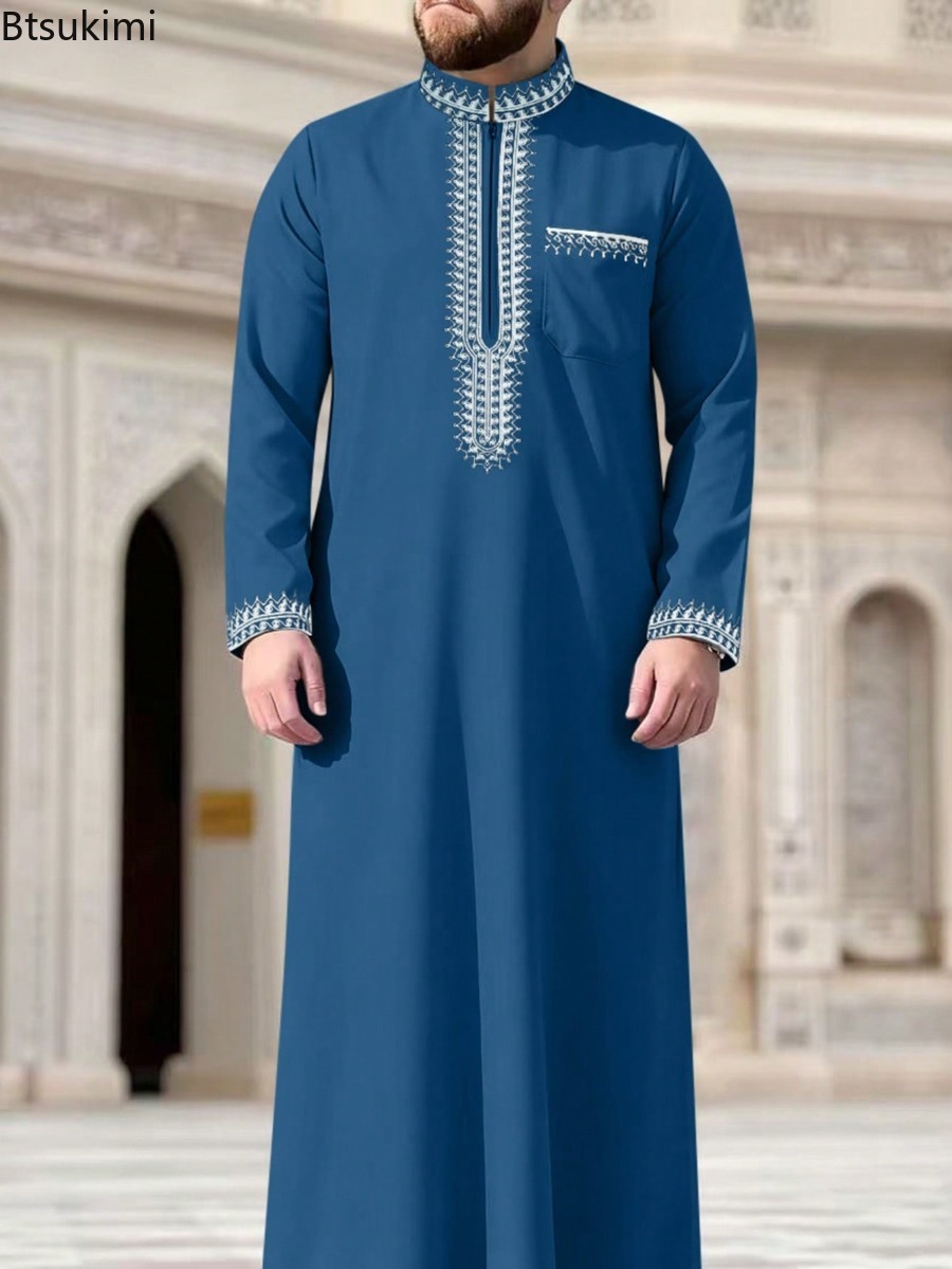 Robe traditionnelle pour hommes 2026, motif ethnique brodé, fermeture éclair, col montant, manches longues, Jubba Thobe, robe musulmane pour hommes, Thobe islamique