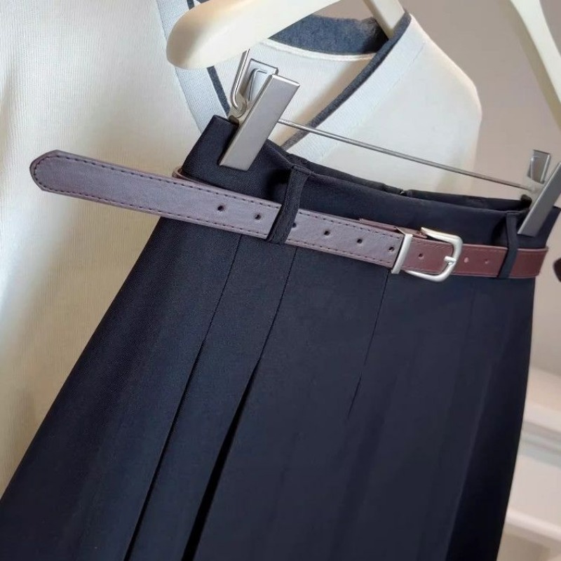 Jupe midi plissée taille haute pour femme avec ceinture, style preppy, jupe décontractée