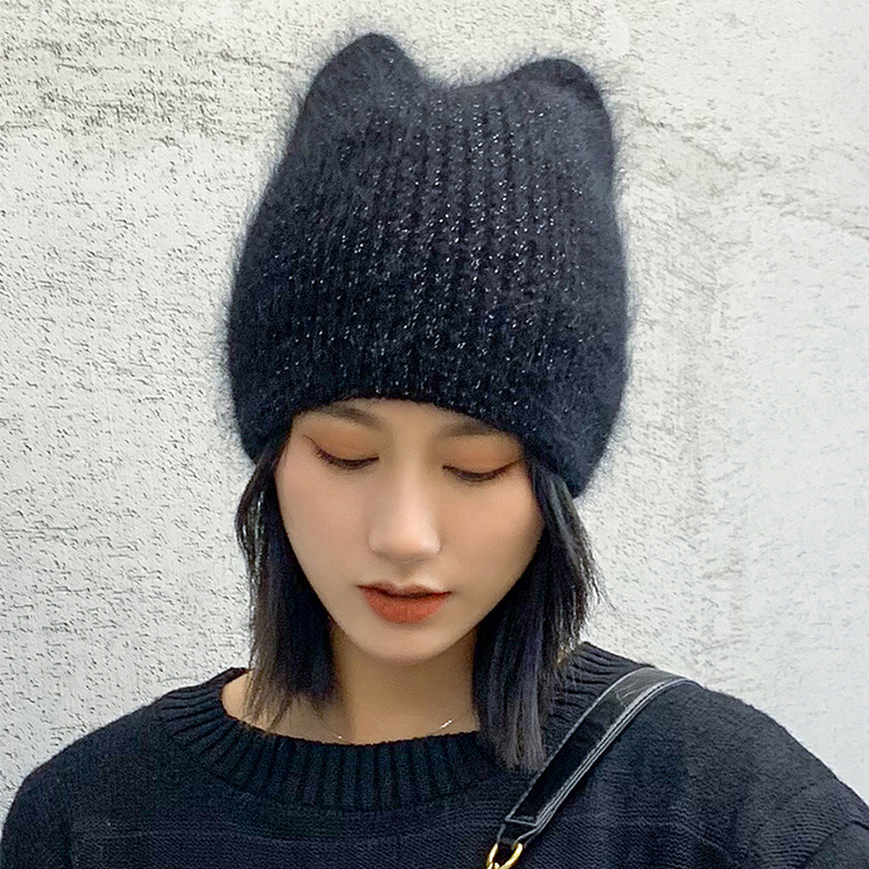 Bonnet en fourrure de lapin Angola pour femme, tricoté, doux et chaud, décontracté, nouvelle collection hiver bonnet femme hiver