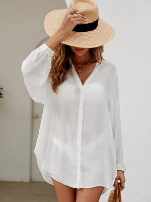 Robe de plage blanche texturée à manches longues pour femme, col en V, boutonnée, manches ballon, ourlet asymétrique, style chemise