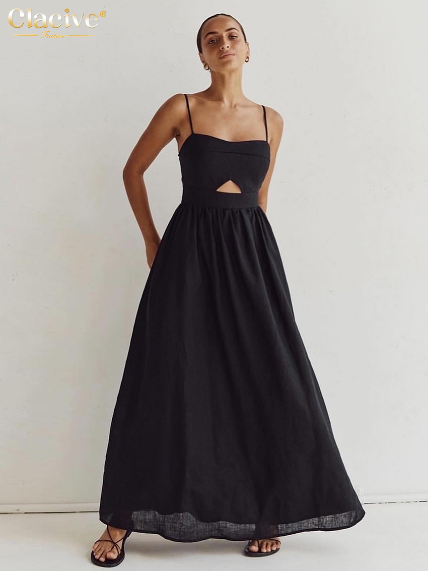 Clacive – robe d'été en coton noir pour femmes, ample, Sexy, bretelles, sans manches, longueur cheville, élégante, ajourée, 2024