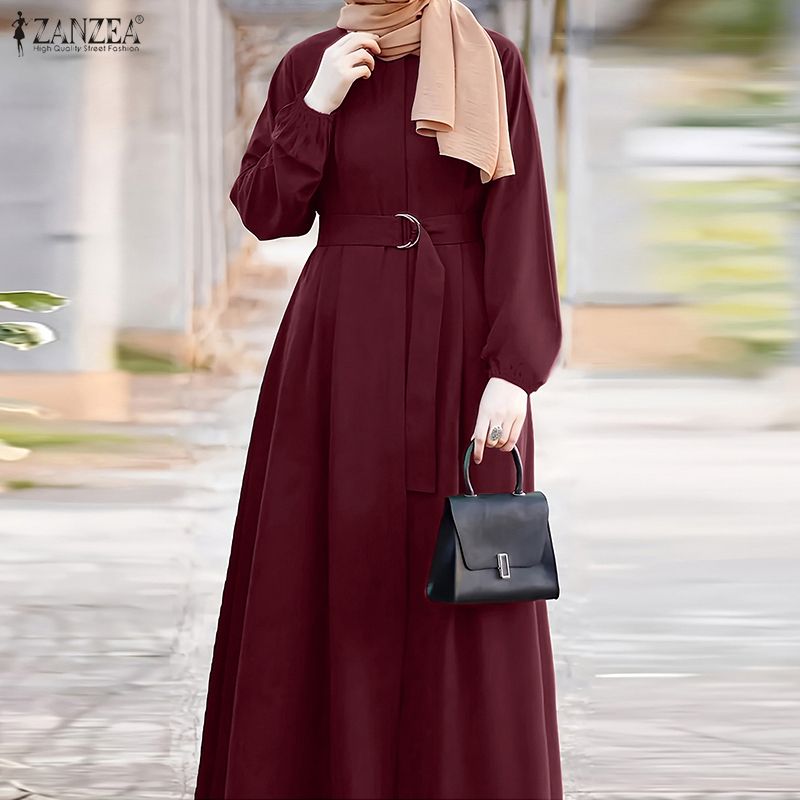 Robes Abaya Hijab Musulmanes Modestes ZANZEA pour Femmes – Élégante Robe Longue à Col Rond et Manches Longues avec Ceinture, Couleur Unie, Coupe Ample, Style Dubaï, Ramadan