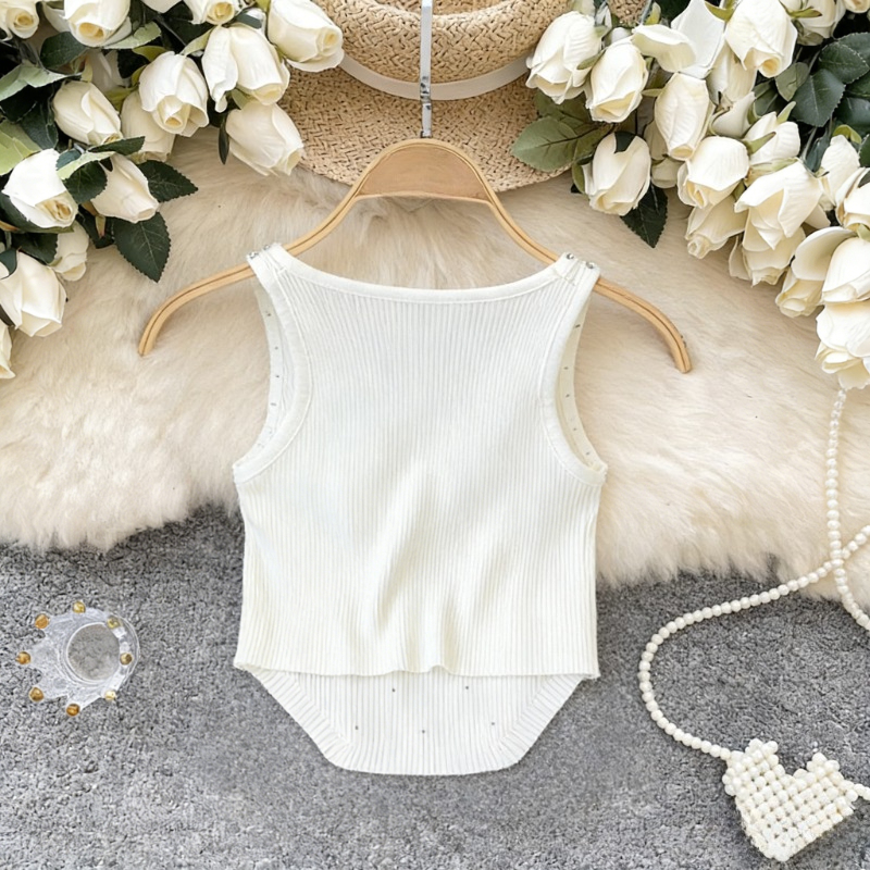 Débardeur court en maille côtelée extensible blanc pour femme, décontracté, d'été, avec détails en strass, sans manches, col rond