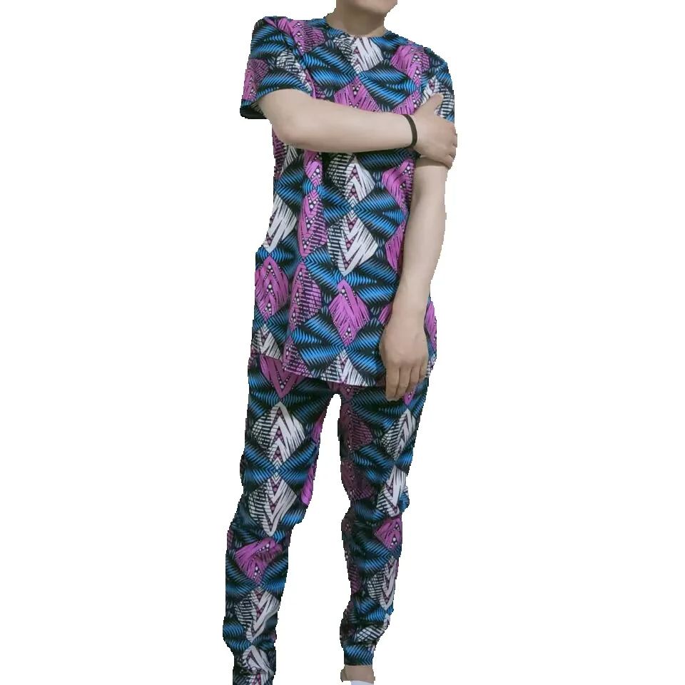 Mode africaine hommes ensemble tenues à manches courtes hauts Patch pantalon nigérian imprimé mâle pantalon costumes tenue de fête personnalisé