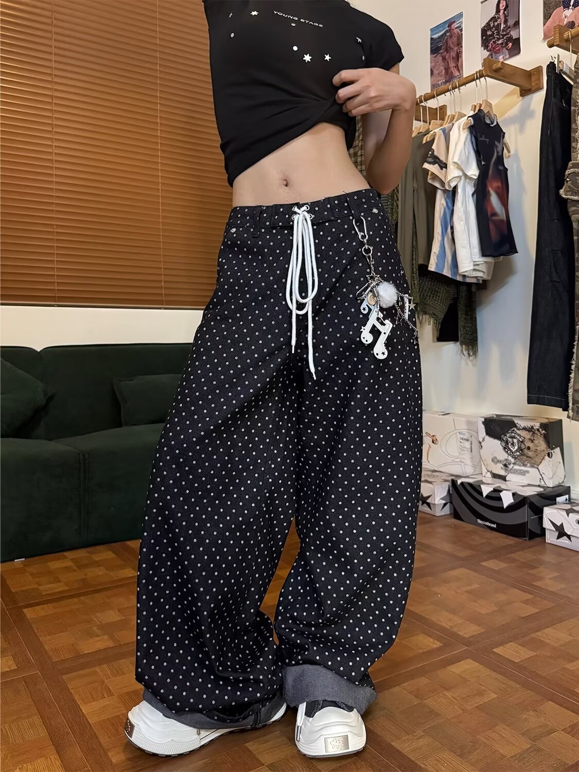 Pantalon femme noir gothique Y2k Baggy jean Harajuku Vintage à pois Denim pantalon japonais années 2000 Style surdimensionné jean pantalon