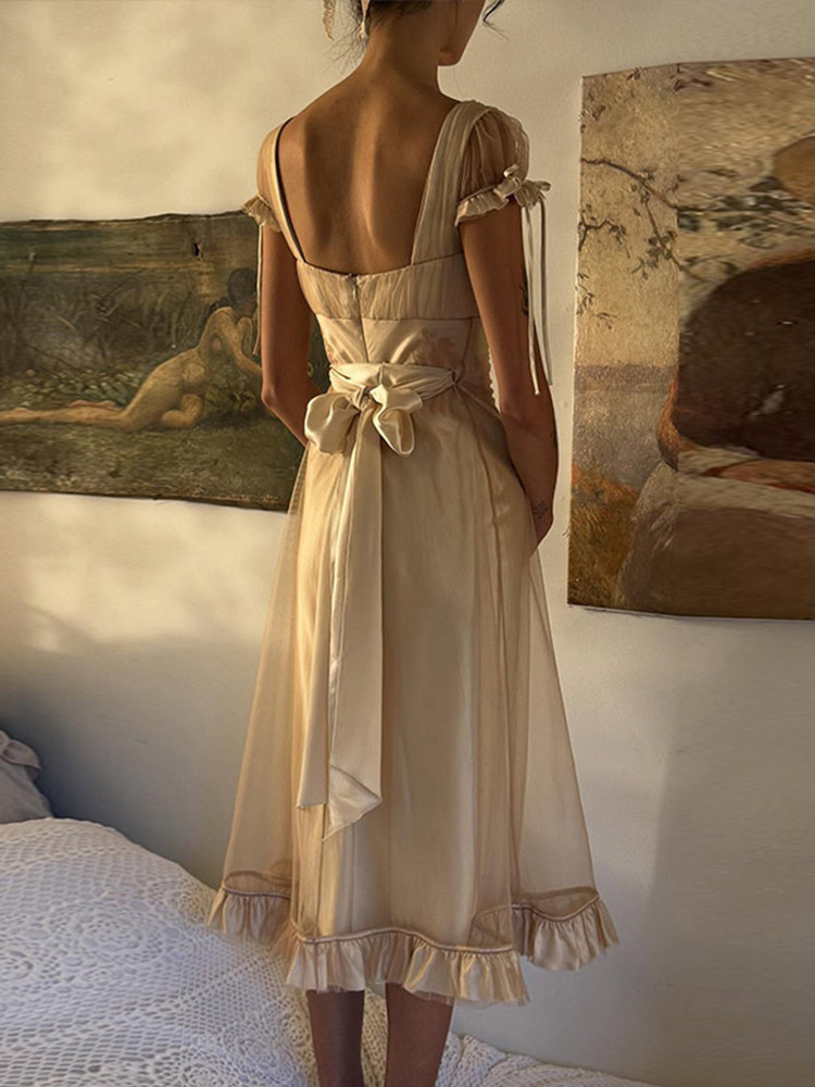 Robe Vintage Chic pour Femme, Col en V Profond, Maille et Satin, Bretelles à Nouer, Nœud au Dos, Ourlet à Volants, Robe Midi, Robe de Soirée pour Invitée Été 2026