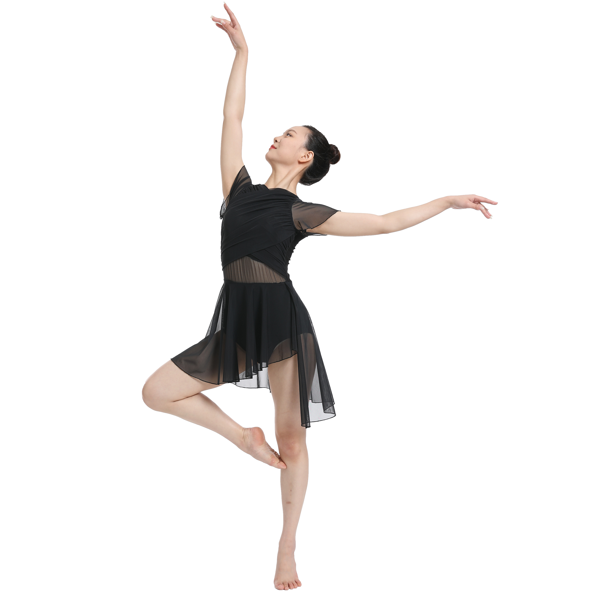 Robe de danse moderne lyrique pour femmes, jupe en maille à manches flottantes, Costume de danse contemporaine, dos creux goutte d'eau