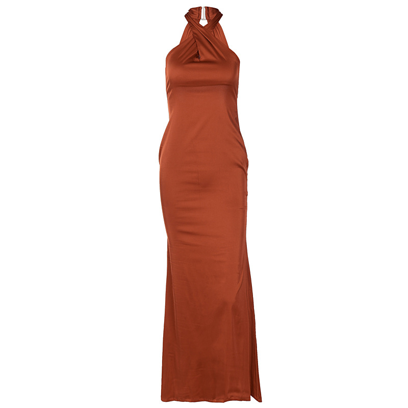 Robes de soirée élégantes pour femmes – Robe longue élégante à col halter et torsion sur le devant, coupe ajustée pour soirée