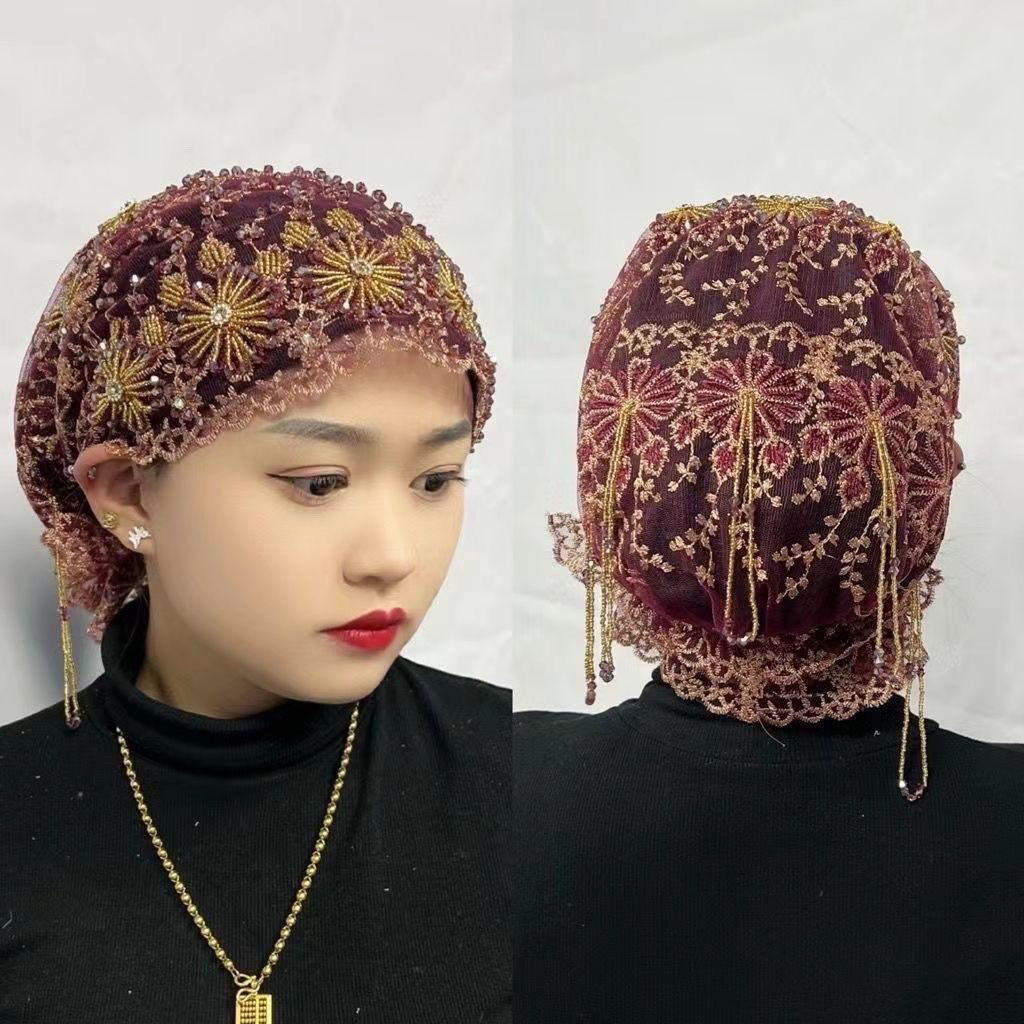 Hijabs musulmans de luxe pour femmes, tissu en maille, chapeau noir avec perles et diamants brodés, chapeaux châle assortis, magnifiques casquettes africaines