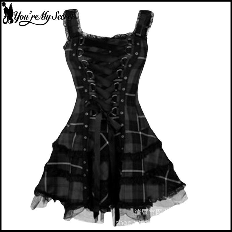 Robe Vintage Femme Sexy Mini-Robe Rétro à Carreaux Robe Gothique Sexy en Dentelle Robe d'Été Punk Vêtement Printanier