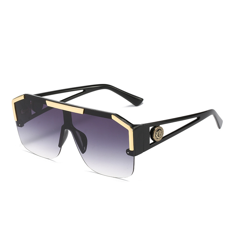 Une pièce lunettes de soleil femmes marque plat haut grandes lunettes tête de Lion évider grandes nuances de soleil Uv400 demi-monture lunettes