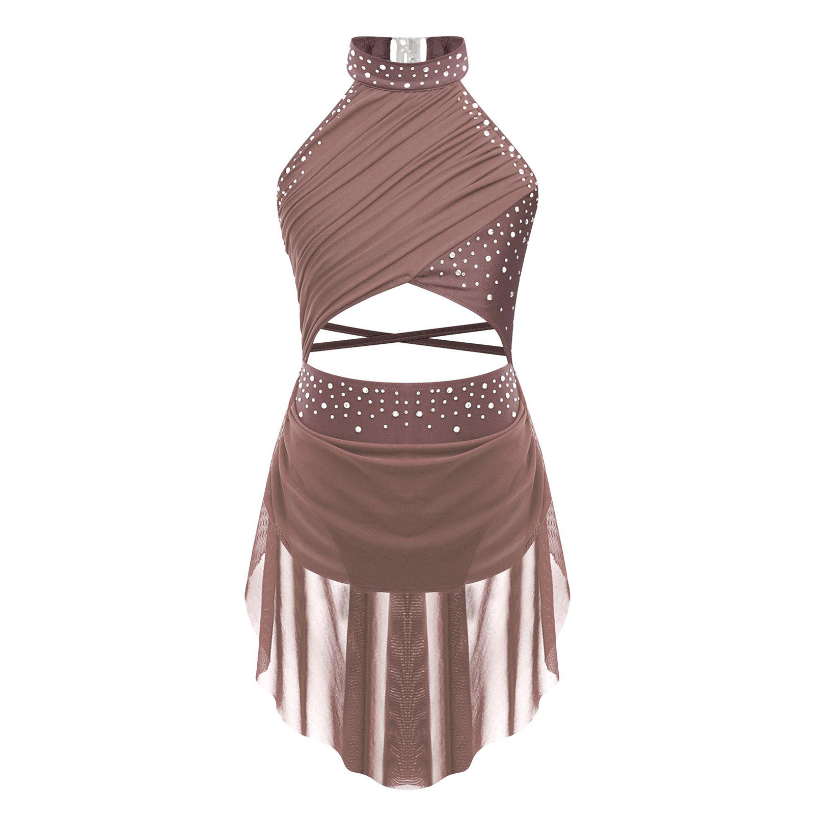 Costume de danse lyrique moderne pour filles, robe de gymnastique, de patinage artistique, de ballet, d'acrobatie, avec strass brillants et maille