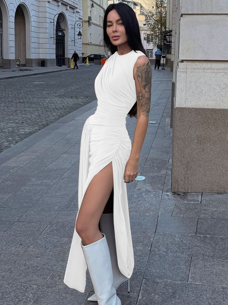 Robe longue froncée à col rond pour femme, vêtement sans manches, fente haute, Streetwear Y2K, taille haute, couleur unie, robes de soirée de vacances