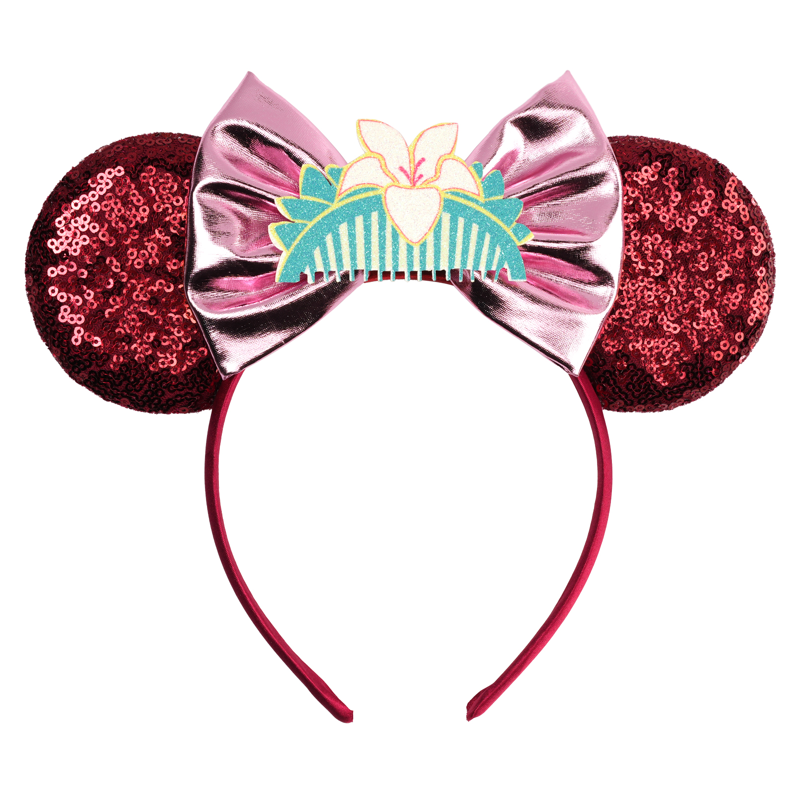 Serre-tête mignon Mulan pour fille, motif dessin animé, avec oreilles, fleur de magnolia, sequins et nœud, accessoires de cheveux pour enfants et femmes, carnaval