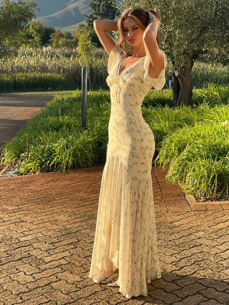 Robe longue élégante à imprimé floral pour femme, décontractée, à manches longues, avec ourlet à volants, moulante et fluide, collection Printemps 2026, style chic