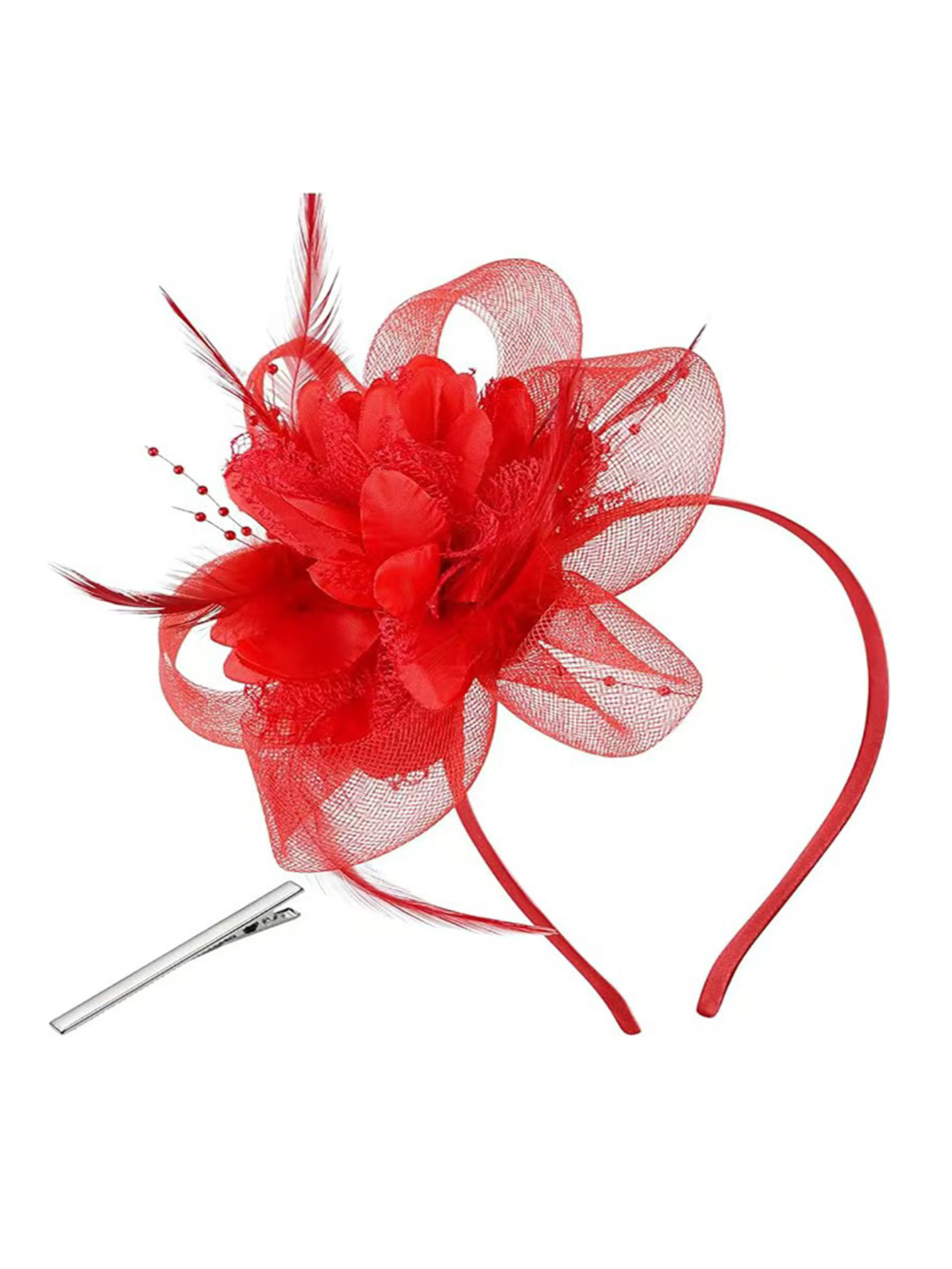Serre-tête en maille orné de fleurs et de plumes, style rétro, pour banquet, chapeau de mariée, cheongsam, club de course, fête