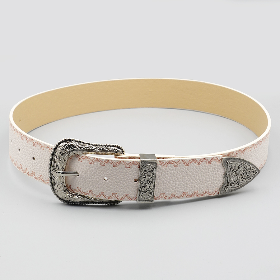 Ceinture pour femme à bordure blanche, ceinture imprimée décontractée de couleur unie, boucle en alliage sculpté en argent, adaptée au déplacement et aux rendez-vous quotidiens