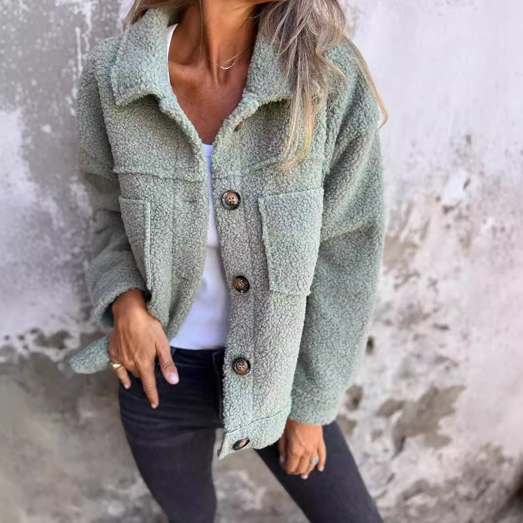 Manteau en laine d'agneau pour femme, vêtement d'extérieur chaud, veste courte, simple boutonnage, col rabattu, poches, pardessus de bureau, automne hiver