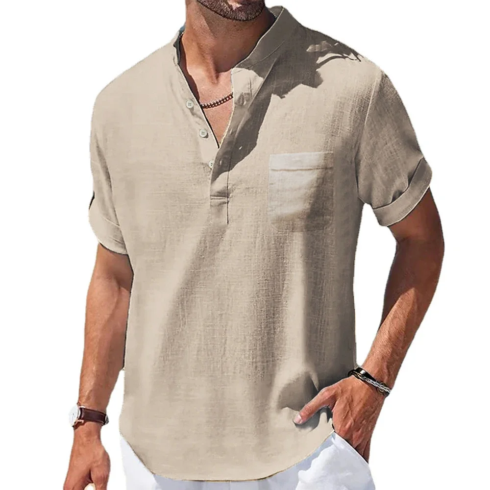 T-shirt en coton et lin pour hommes, col Henry, manches courtes, hauts décontractés, léger, à la mode, classique, avec boutons, offre spéciale, été