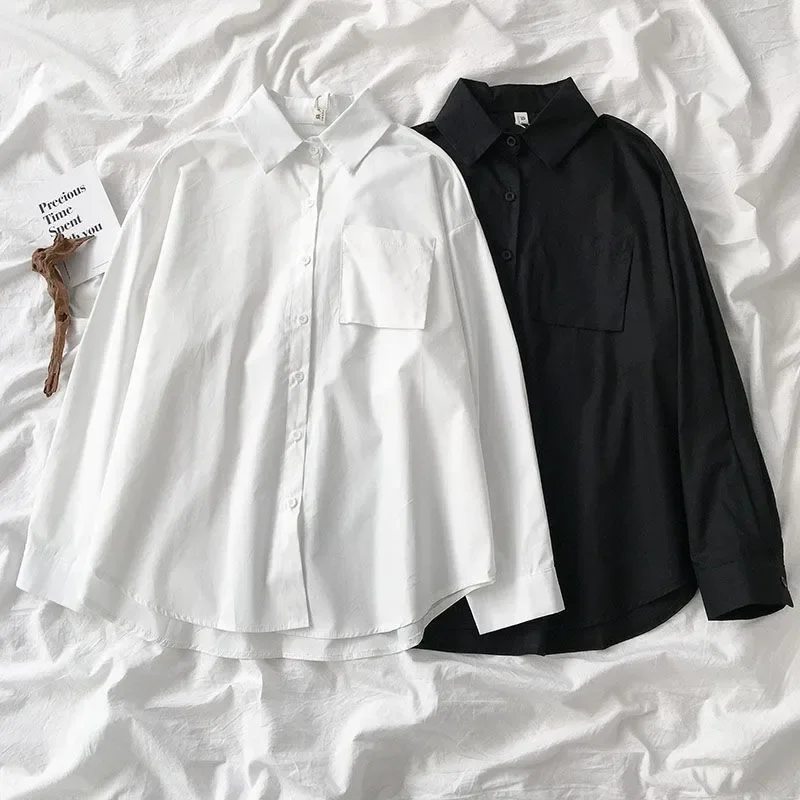 Chemises d'école blanches pour femmes, mode JK Style Preppy, printemps japon, manches longues pour filles, chemise noire Harajuku boutonnée pour dames, 2024