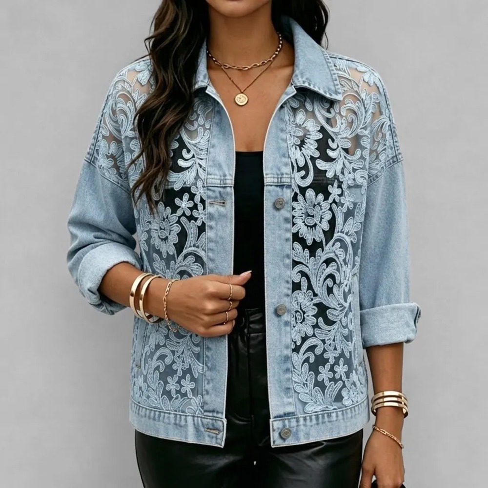 Veste en jean décontractée pour femme avec patchwork de dentelle transparente, boutonnée, coupe ample, manches longues, style streetwear tendance