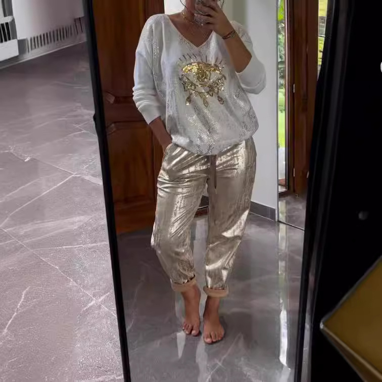 Costume grande taille pour femmes, mode décontractée, décoration des yeux en métal, chemise à manches longues, pantalons décontractés, grande taille, vêtements pour femmes, 2025