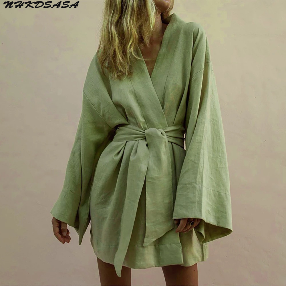Mini robe kimono en coton et lin pour femmes, cardigan à col en V, manches longues, ceintures, style à lacets, robe éducative d'été