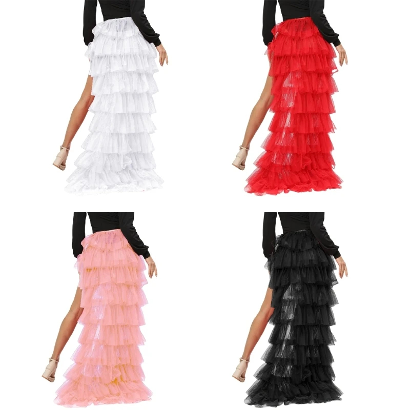 Jupe longue en Tulle à volants pour femmes, couleur unie, maille attachée, irrégulière, longueur au sol, traîne de fête, couvre-jupe