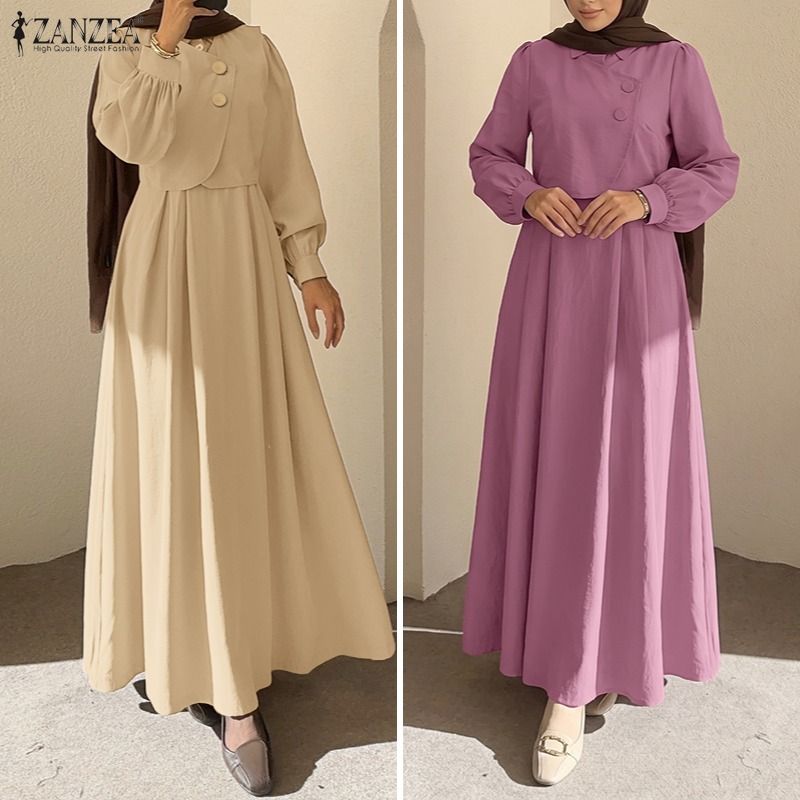 ZANZEA Robe Musulmane Tendance Abaya Ramadan Faux Deux Pièces Femme Élégante Manches Longues Plissée Robe Longue Décontractée Dubaï Kaftan