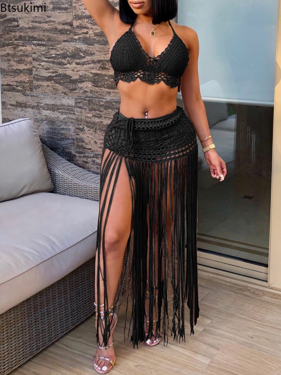 Nouveaux ensembles de maillots de bain deux pièces pour femmes, style plage, hauts de bikini tricotés, jupes longues à franges taille haute, ensembles de bikinis sexy pour femmes