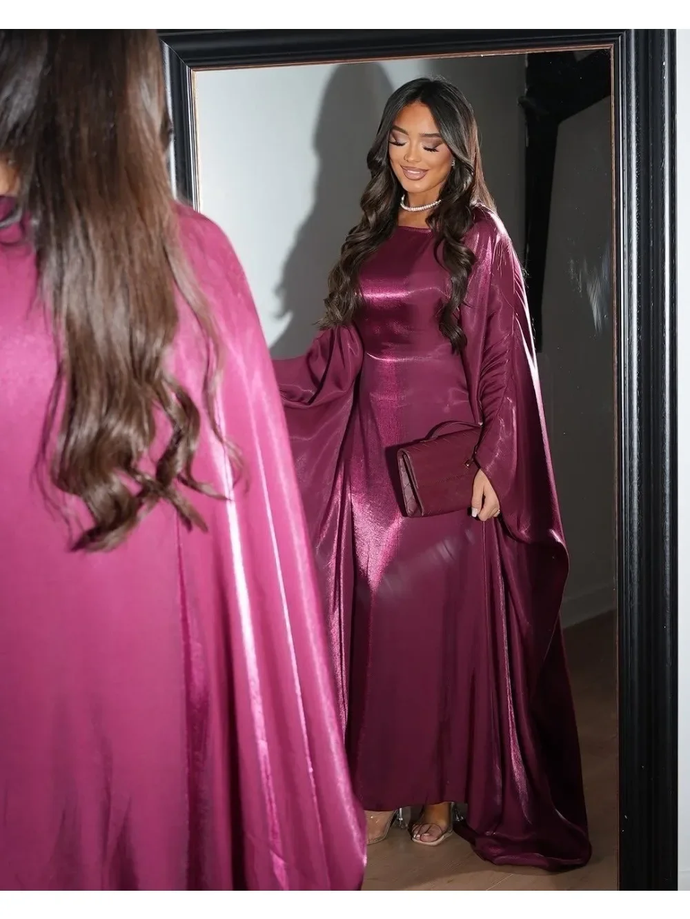 Abaya-Robe musulmane pour femmes, tenue de soirée soyeuse, manches chauve-souris, arabe, dubaï, islam, jeux éducatifs, ramadan jalabiya, 2025
