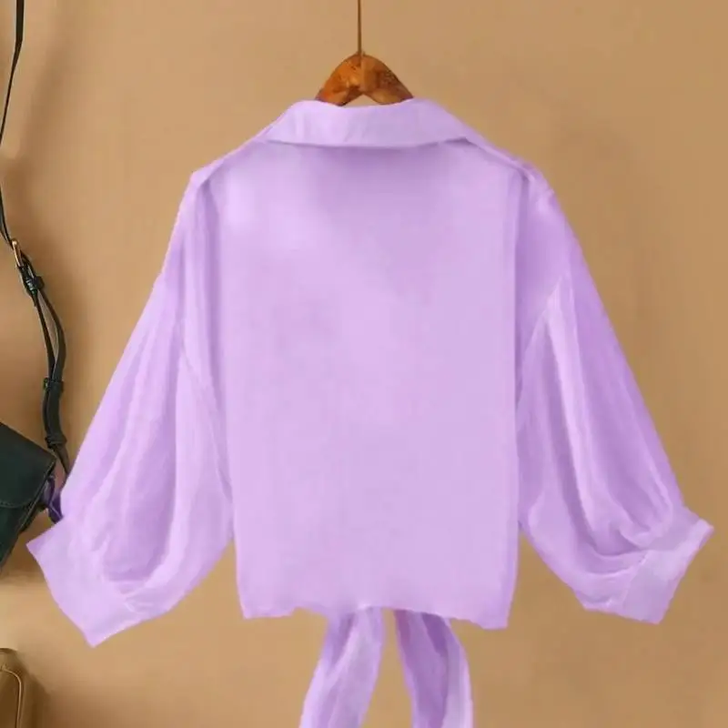 Nouveau chemisier femme |   Léger et transparent, revers avec cravate, couleur unie, manches longues, chemise d'extérieur pour protection solaire