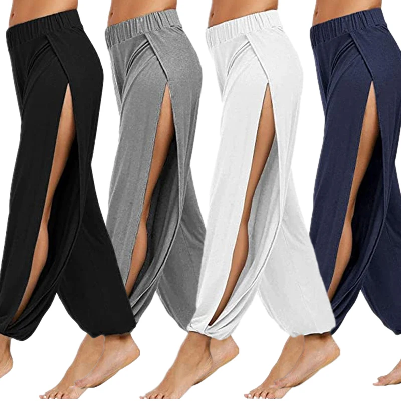 Pantalon Haren d'été à fente haute pour femmes, pantalon de sport, de Yoga, couleur unie, ample, Hippie, sarouel, jambes larges