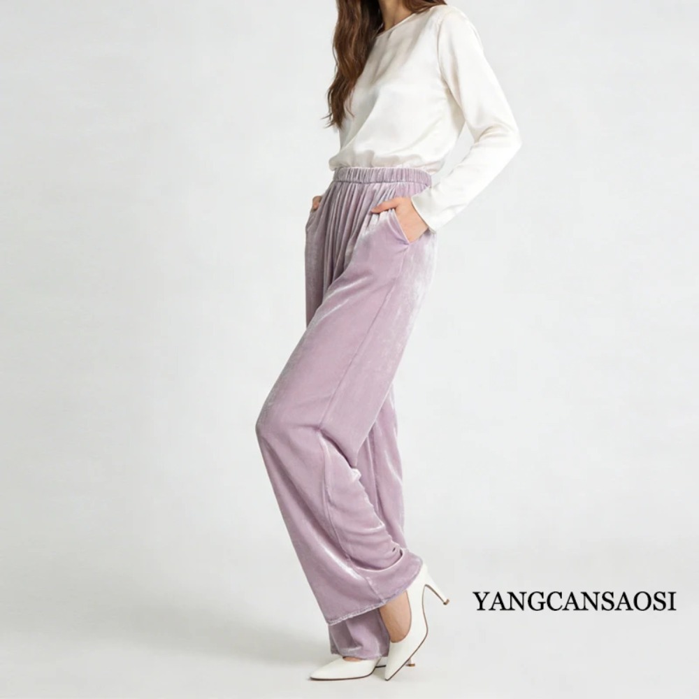 Pantalon en velours de soie de mûrier naturelle 30%, pantalon à jambe droite avec poche à taille élastique à la mode pour femmes, nouveau printemps 2026