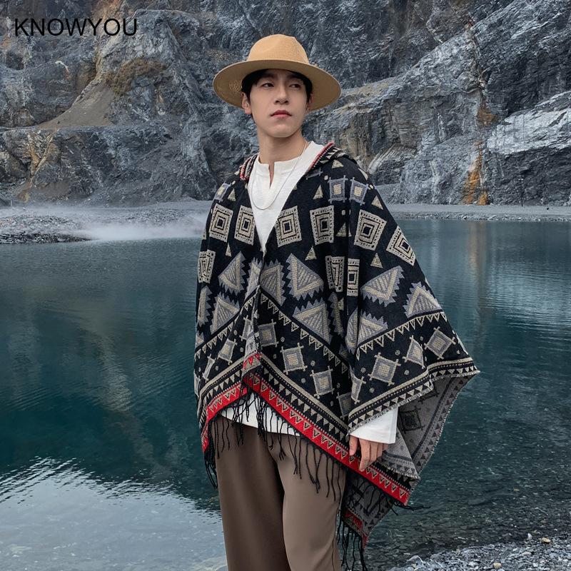 Pashmina Réversible en Cachemire pour Homme, Veste à Capuche avec Pompon, Chaud, Polyvalent, Triangle Everak