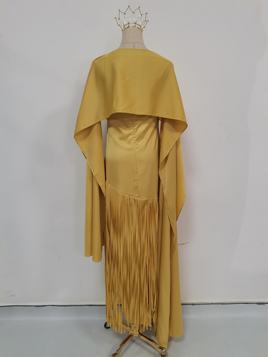 Robe longue élégante jaune sans manches VGH haut de gamme pour femme, coupe ajustée, fluide, avec franges, idéale pour les occasions spéciales
