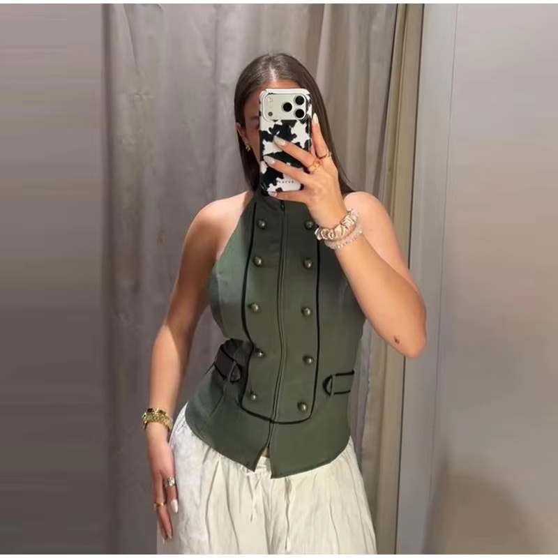 Haut pour femme Été 2026, élégant, soyeux, col licou, dos nu, sexy, unique, vert armée, style plage et soirée, pour les vacances