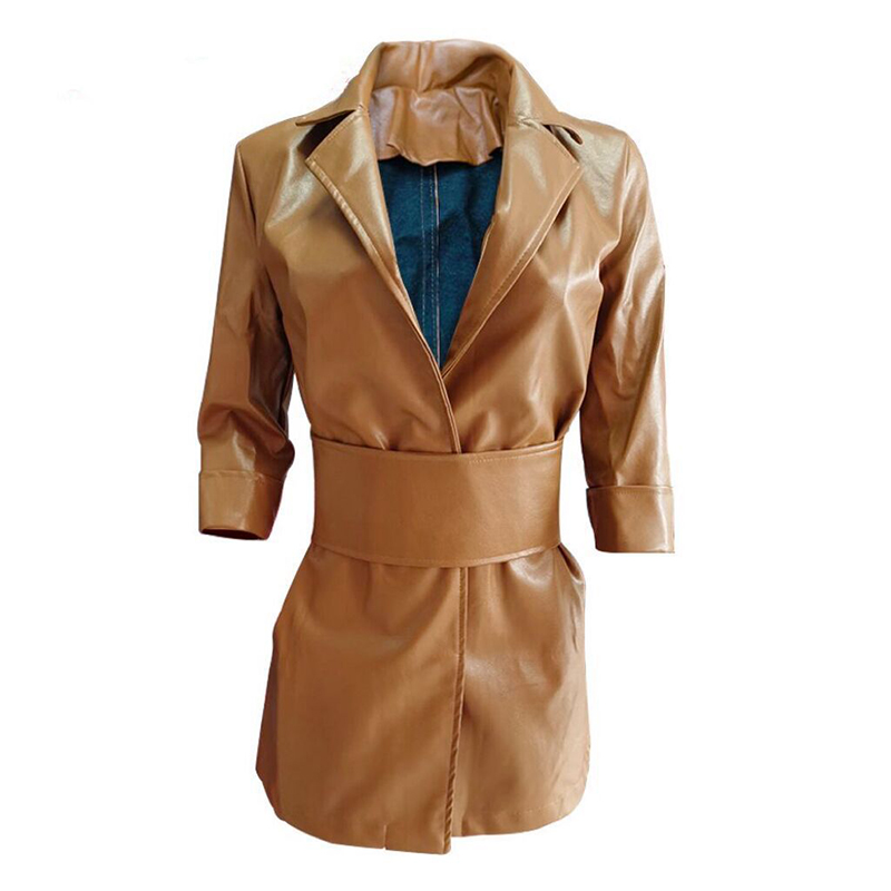 Robe en cuir PU mi-longue à col en V pour femmes avec ceinture, robes élégantes, fermeture à la taille, tendance, rabattable, sexy