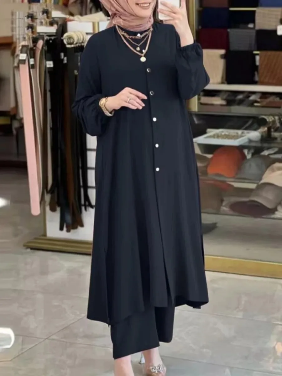 Femmes Eid ensembles musulmans Musulman Ensemble deux pièces dubaï Blouses pantalons à jambes larges ample décontracté arabe Ramadan solide caftan 2026