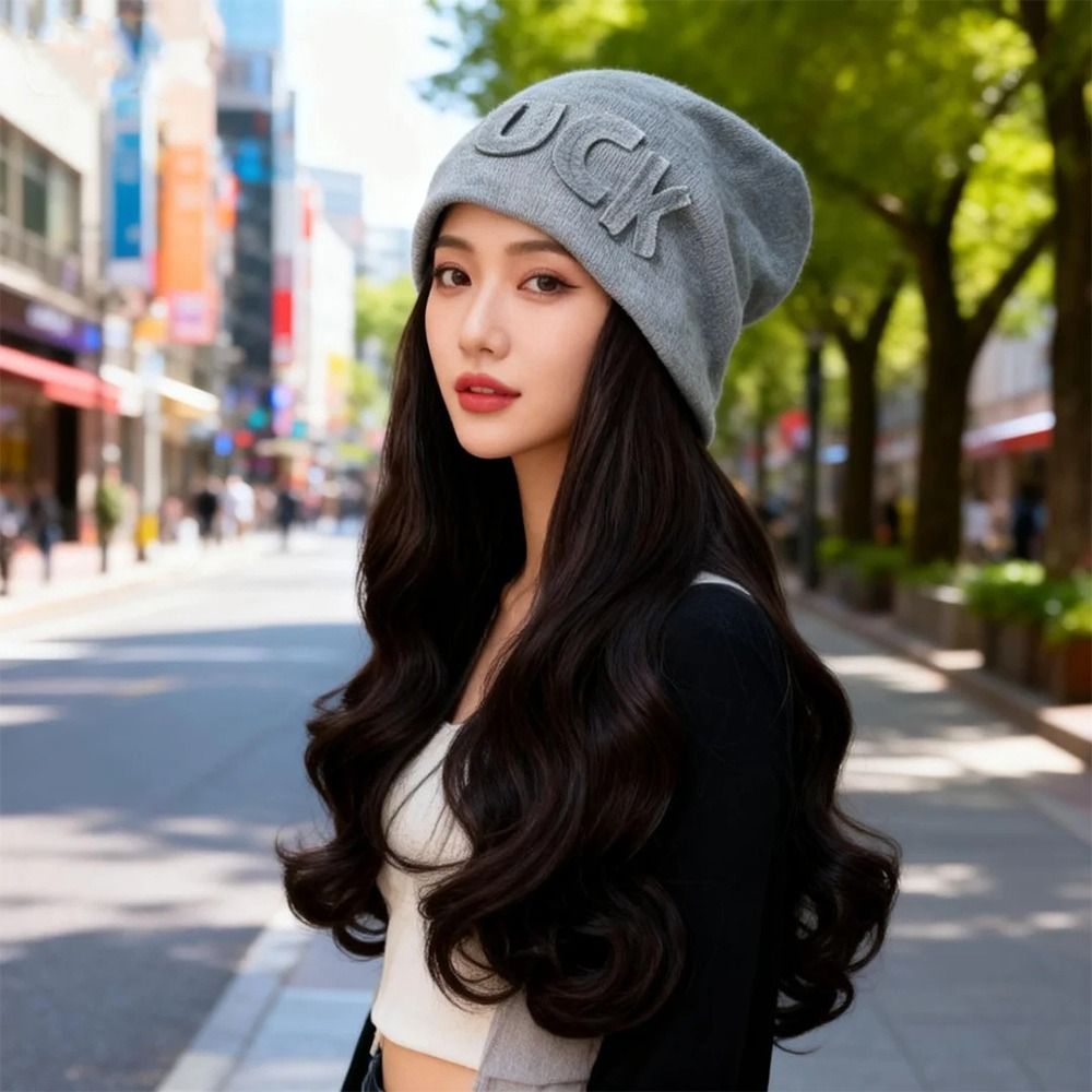 Automne hiver cheveux longs ondulés bonnet chapeau avec perruque attaché perruque décontractée bonnet tricoté perruque de cheveux chauds chapeaux d'hiver femmes