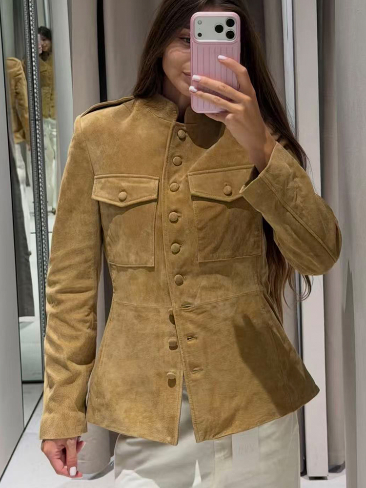 Veste Tendance Femme Printemps Automne 2026 Classique Vintage en Daim Col Montant Simple Boutonnage Décontractée Polyvalente Courte Style Urbain