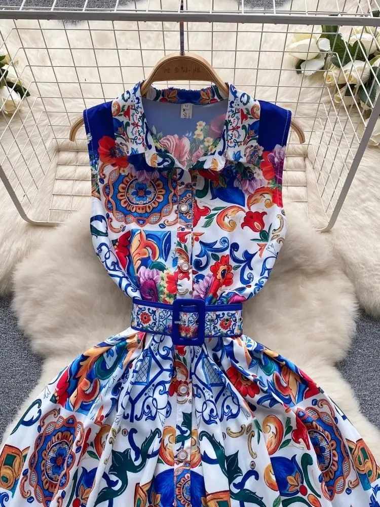 Robe de soirée élégante pour femme, robe trapèze mince avec ceinture, robes à fleurs imprimées, robe midi taille haute vintage pour femme, été