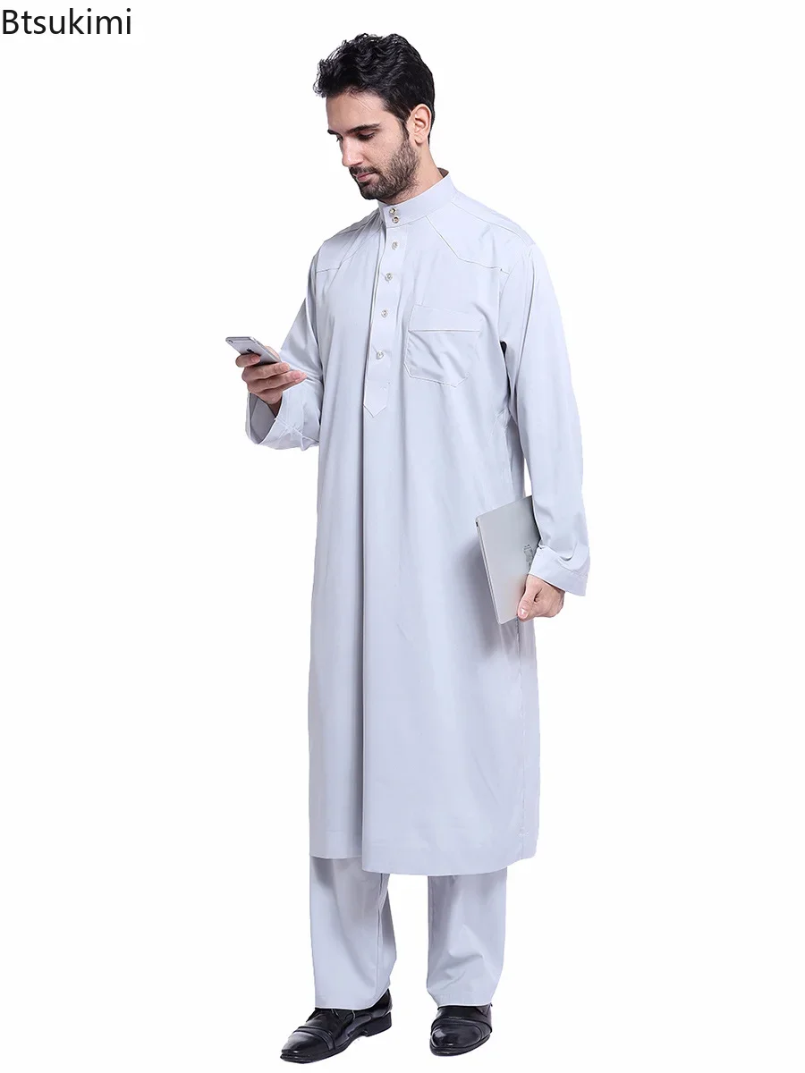Jubba Thobe pour homme arabe musulman, robe boutonnée et pantalon, vêtements Abaya trempés, Arabie saoudite, Eid Turquie, Kurtas islamique, 03/fur s, 2 pièces