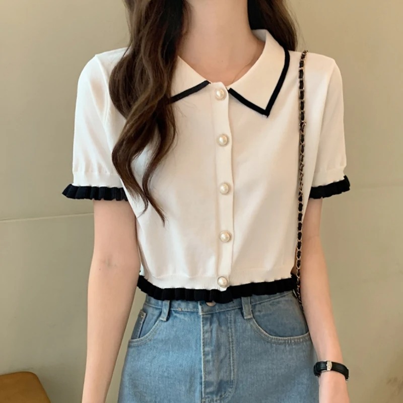 Chemisier Femme Tricoté à Manches Courtes avec Col Boutonné et Volants, Boutons Perle, Style Chic Français, Haut Court d'Été
